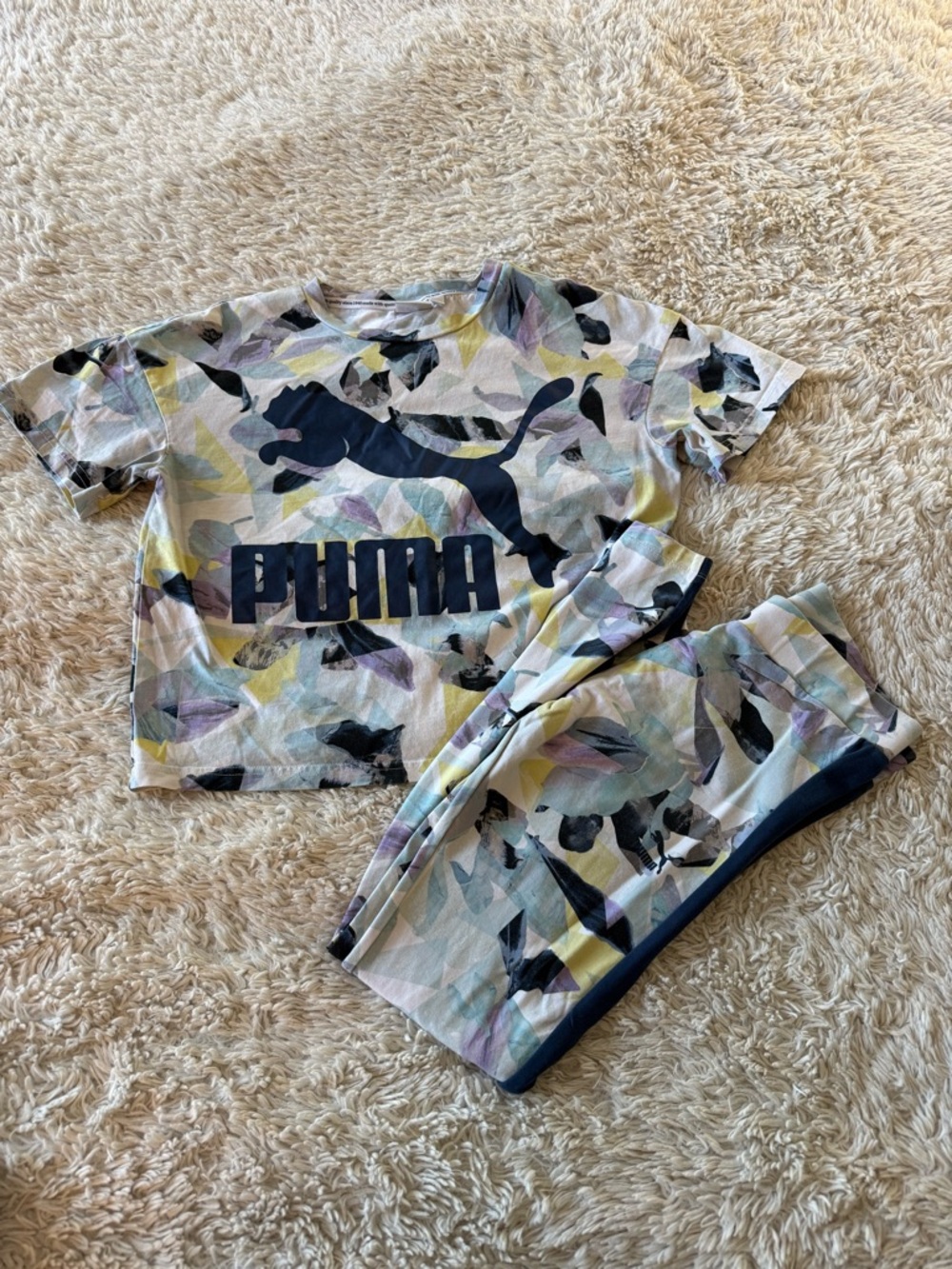 Puma Women’s Multicolor Pastel Abstract Short Sleeve Lounge Set with Navy Logo